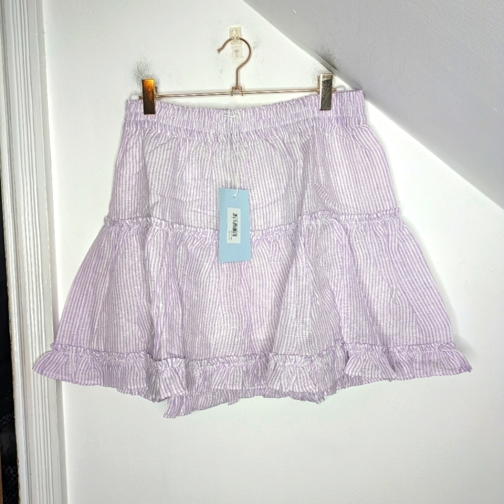 HILL HOUSE The Linen Ruffle Paz Skirt in Lilac Stripe NEW Size L Cottage core